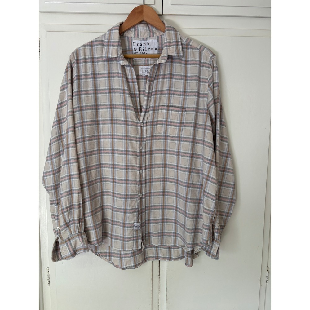 Frank & Eileen Eileen Plaid Flannel Shirt XL Beige Pink Cotton Tencel Italy